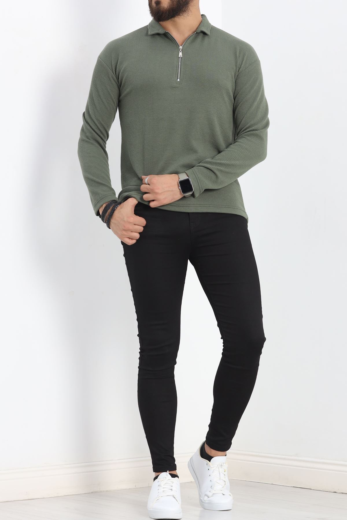 Polo%20Yaka%20Fermuarlı%20Erkek%20Sweatshirt%20Füme%20-%2020128.1874.-Haki