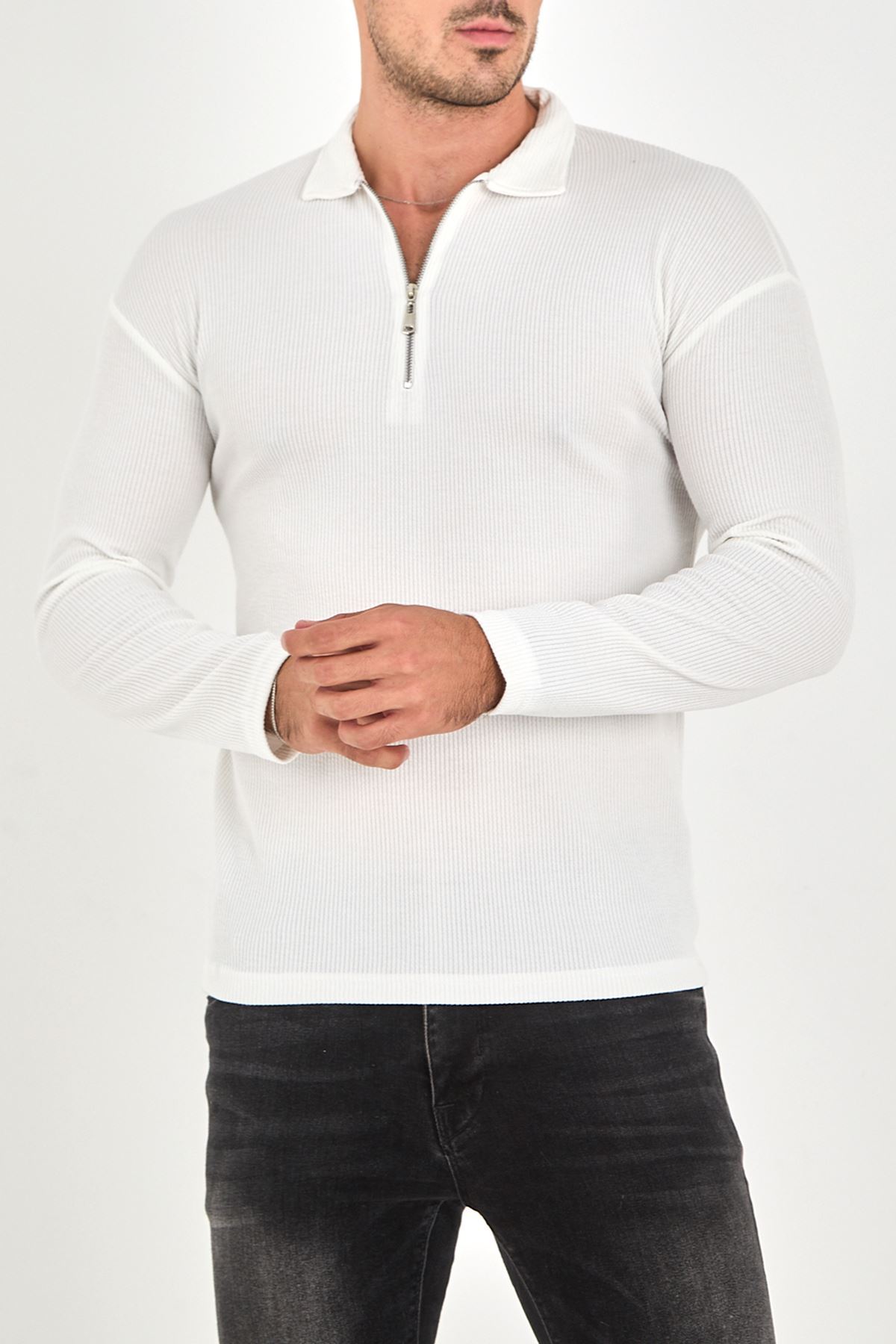 Polo%20Yaka%20Fermuarlı%20Erkek%20Sweatshirt%20Beyaz%20-%2020128.1874.-Beyaz