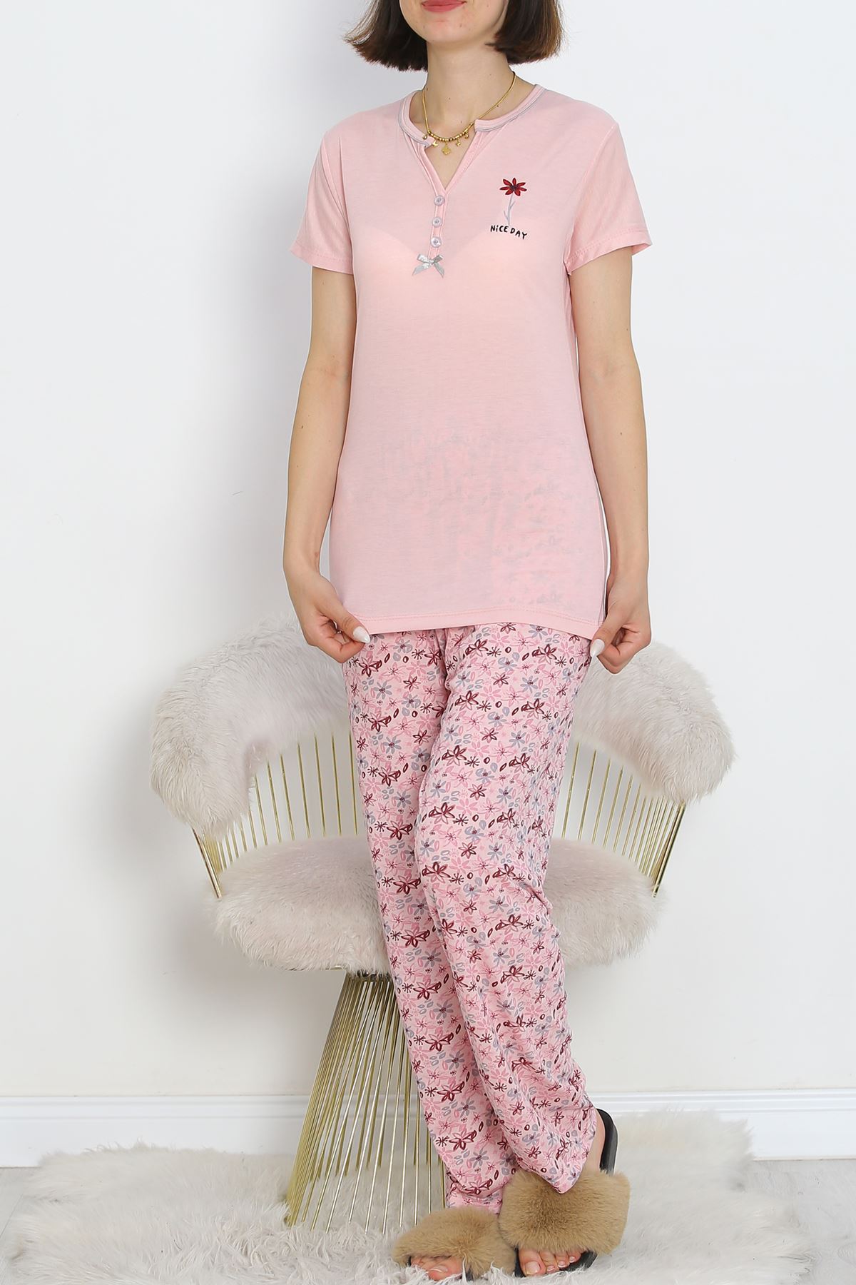 Armut%20Yaka%20Ara%20Biyeli%20Kısa%20Kollu%20Pijama%20Takımı%20Siyahgri%20-%20705.1287.-Pembe-gri