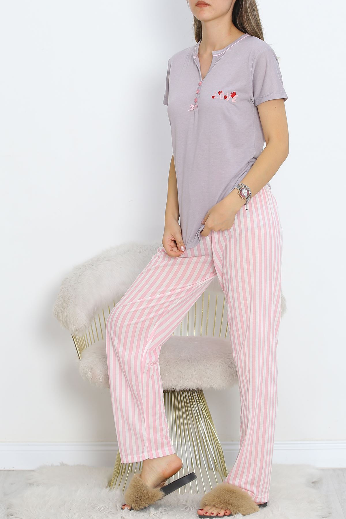 Armut%20Yaka%20Ara%20Biyeli%20Kısa%20Kollu%20Pijama%20Takımı%20Siyahgri%20-%20705.1287.-Pembe