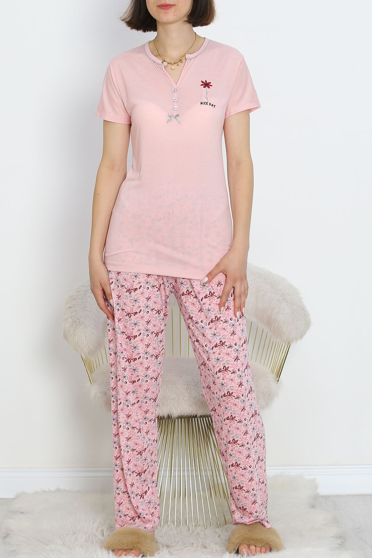 Armut%20Yaka%20Ara%20Biyeli%20Kısa%20Kollu%20Pijama%20Takımı%20Siyahgri%20-%20705.1287.-Pembe-gri