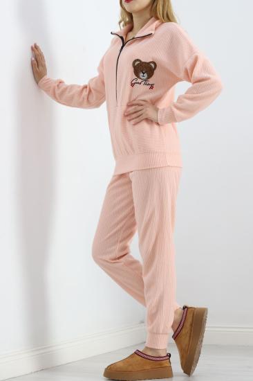 Baskılı Polar Pijama Takım Somon - 101003.1049.