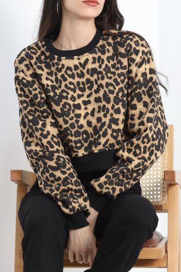 Desenli 3 İplik Crop Sweat Leopar - 20109.1868.