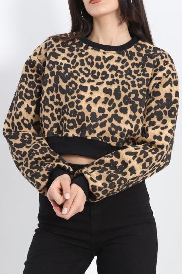 Desenli 3 İplik Crop Sweat Leopar - 20109.1868.